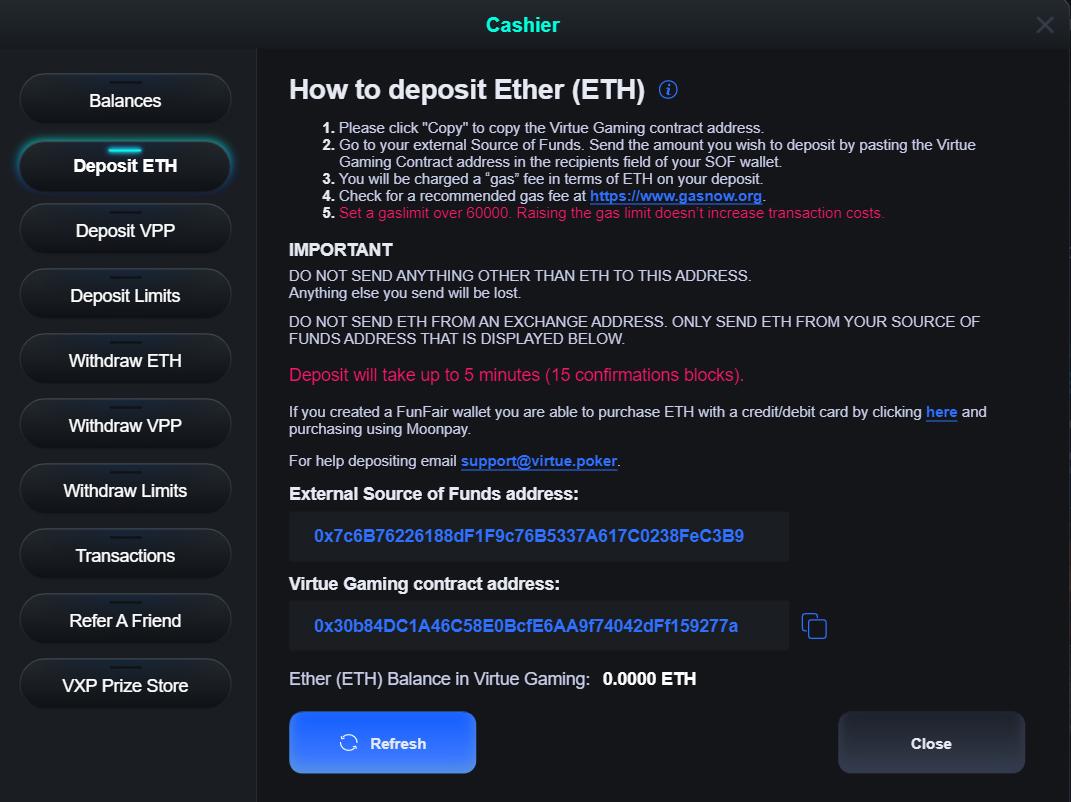 Касса Virtue Poker с информацией про депозит в ETH.